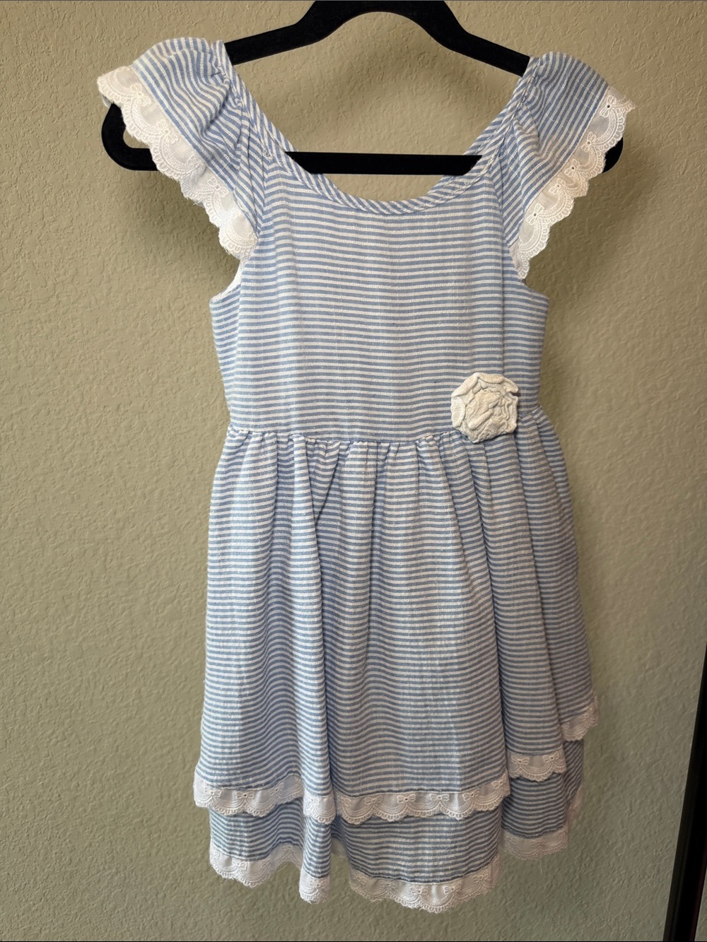 Girls Light Blue & White Striped Lace-Trim Dress 4T